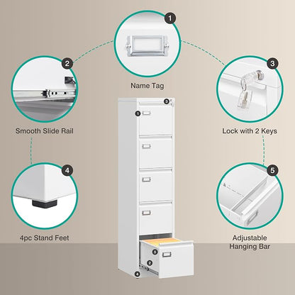 SISESOL 5 Drawer File Cabinet with Lock,White Narrow Vertical File Cabinet Five Drawer,Tall Office Filing Cabinets,Metal Filing Cabinets for Home Office,Fit A4,Legal,Letter Size,-Assembly Required