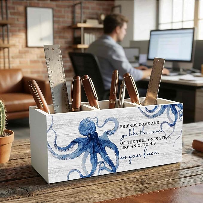 Friends Gifts Pencil Pen Holder for Desk Organizer, Friendship Gifts for Women Men, Coastal Beach Octopus Wooden Box Decorations for Home Office Bedroom Desk Tabletop Decor