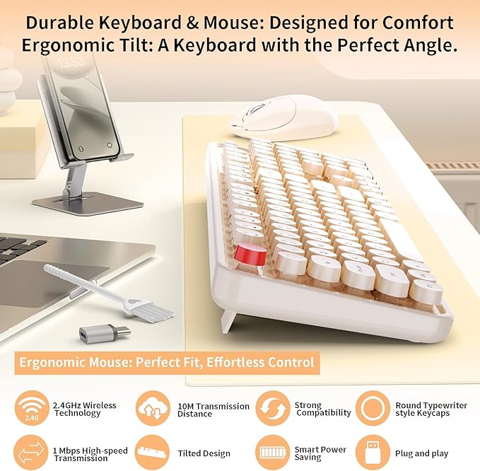 Wireless Keyboard and Mouse, MOFII 104 Round Keycaps Retro Typewriter with OTG & Brush, Full-Size Ergonomic, Ideal for Windows PC, Home, Office and College Brown