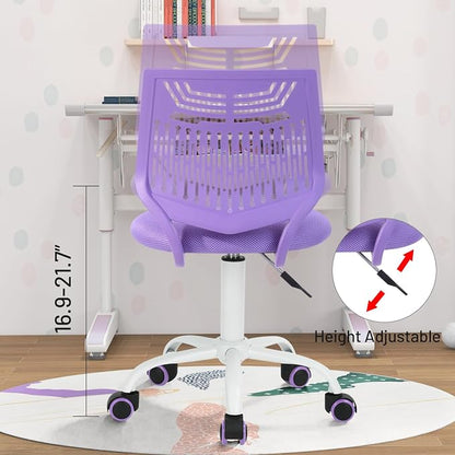 FurnitureR Desk Chair, Armless Home Office Task Chair with Mesh Padded Cushion, Swivel Study Computer Chair with Rolling Wheels for Children Kids Teens Students, Purple