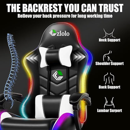 Czlolo Gaming Chair, 2026 Upgraded RGB LED Lights Computer Chair with Footrest, Lumbar Support Massager Gamer Chair, High Back, 90-135° Reclining, Linkage Armrests, White