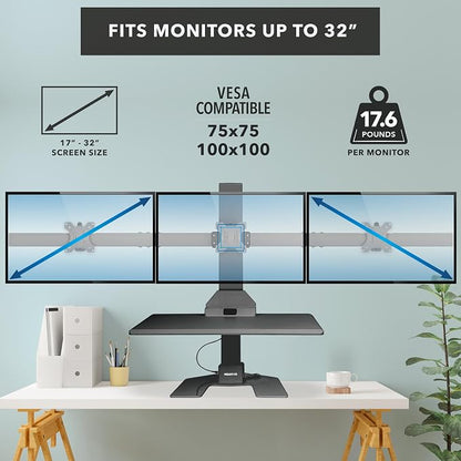 Mount-It! Triple Monitor Electric Standing Desk Converter - 3 Screens Stand Up Desk Riser - Height Adjustable Desktop & 3 Mounts for Screens up to 32", Sit-Stand Convertor for Home, Office, School