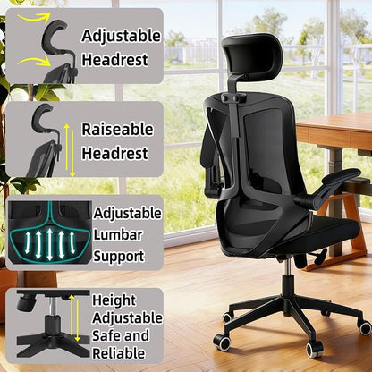 Ergonomic Office Chair - 350LB Comfy Desk Chairs with Adjustable Headrest and Lumbar Back Support, Mesh Computer Chairs with Wheels and Arms for Home Office, Study (Black-with Headrest)