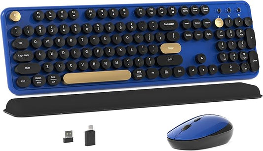 MPTOG Colorful Wireless Computer Keyboard and Mouse Combo with Round Typewriter Keycaps, Retro Design, Power Switch, Ergonomic Design, 2.4GHz Wireless for Windows, Mac, PC(Black-Blue)