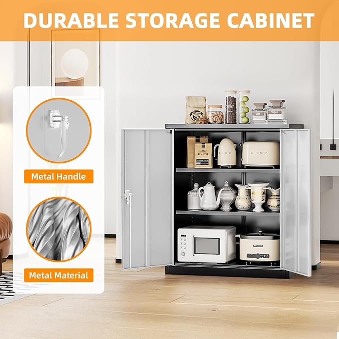 INTERGREAT Metal Garage Storage Cabinet, 36" Lockable Storage Cabinet with 2 Doors and 2 Adjustable Shelves, Steel Grey White File Cabinet Great for Home Office, Garage, Warehouse, Study Room