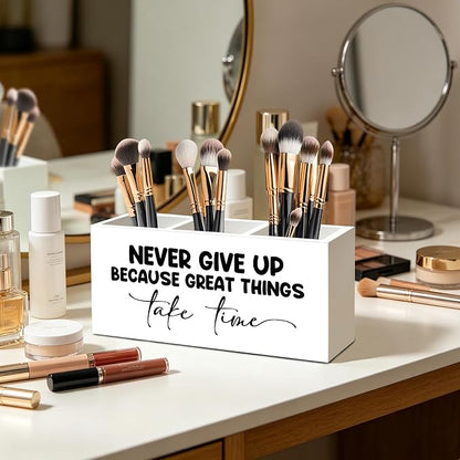 Inspirational Pen Pencil Holder Organizer for Home Office Classroom Desk Accessories, Never Give Up Because Great Things Take Time Motivational Positive Wood Signs for Desk Tabletop Decor