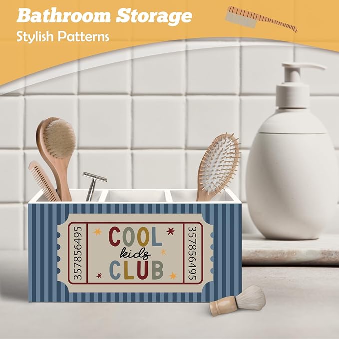 Classroom Pen Holder Organizer for Desk Accessories, Kids Room Decor, Cool Kids Club Retro Blue Striped Wooden Box Sign Desk Decorations for Classroom Boys Girls Room Bedroom Decor