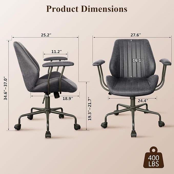 Mid Century Modren Office Chair - Fuax Leather Suede Brown Executive Chairs Ergonomic Mid Back with Lumbar Support, Swivel Computer Desk Task Chair with Wheels for Home Office (Grey, Mid Back)