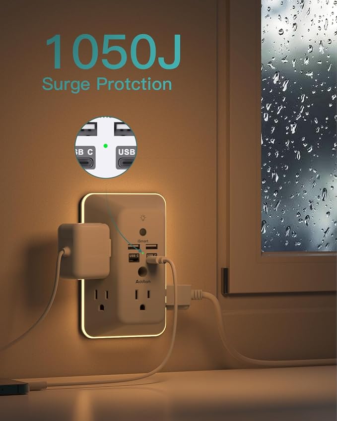 Addtam Surge Protector Outlet Extender, Plug Extension Outlet with Night Light, 5-Outlet Splitter and 4 USB Ports(2 USB C), Multi Plug Wall Outlet for Home Office Dorm Room Essentials