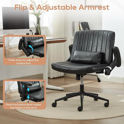 IPKIG Criss Cross Chair with Adjustable Flip-up Arms, Vanity Chair with Wheels, Comfy Desk Chair with Lumbar Pillow Swivel Wide Office Chair for Home Office, Bedroom (PU Leather, Black)
