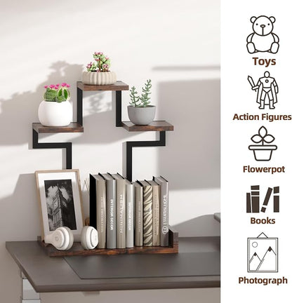 Desk Shelf Organizer, 4 Tier Small Desk Organizer, Wooden Desktop Shelf with Metal Frame, Bookshelf for Office, Kitchen, Books, Plants, Toys, Rustic Brown Black