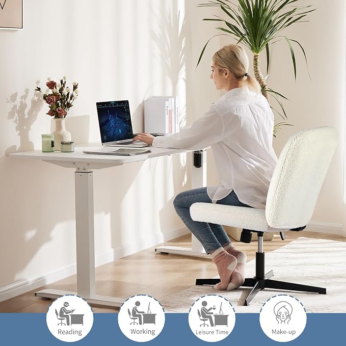 DUMOS Criss Cross Chair No Wheels, Cross Legged Office Desk Armless Vanity Chair Wide Seat, Height Adjustable Swivel Task Computer Chairs for Home Bedroom, Beige Teddy