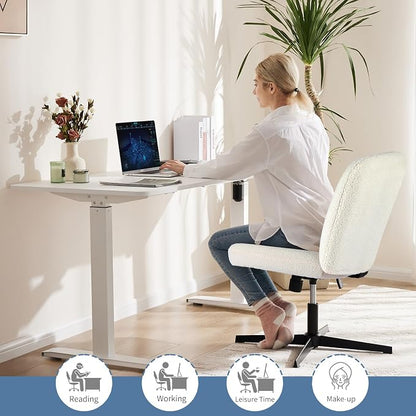 DUMOS Criss Cross Chair No Wheels, Cross Legged Office Desk Armless Vanity Chair Wide Seat, Height Adjustable Swivel Task Computer Chairs for Home Bedroom, Beige Teddy