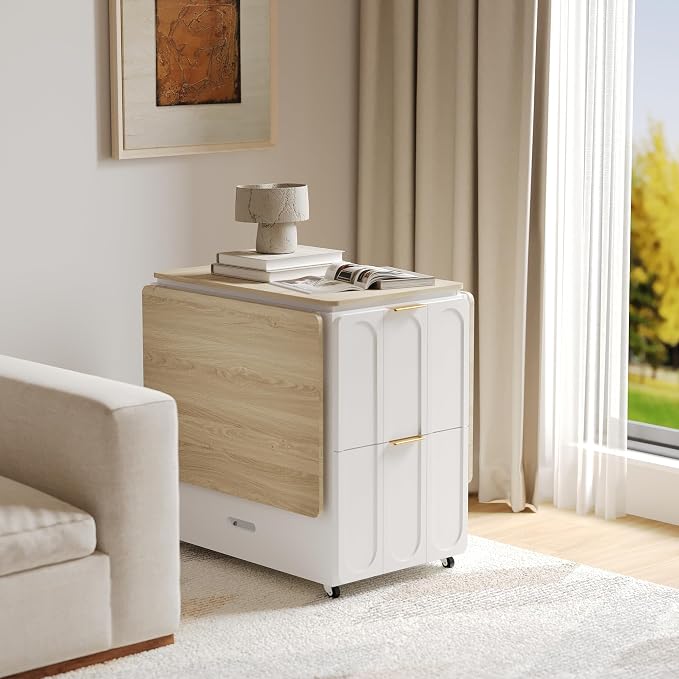 ModernMate 3-in-1 Folding Desk & File Cabinet, Fluted Multi-Storage Workspace with 4 Drawers, Lockable Wheels | Power Outlet | Fits A4/Letter Files, Space-Saving for Small Home Office, Light Walnut