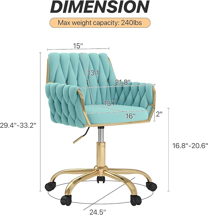 Velvet Modern Home Office Vanity Chair, 360° Swivel Adjustable Height Makeup Desk Chair with Golden Base and Hand Woven Backrest for Bedroom/Study/Vanity (Teal)