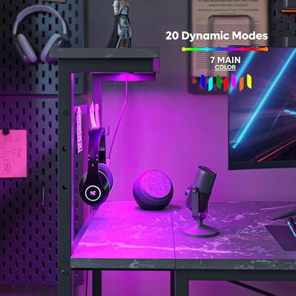Bestier Gaming Desk with LED Lights, 51.3 Inch Computer Desk with 4 Tiers Reversible Shelves, Gamer Desk with Side Storage Bag, Hooks and Height Adjustable Shelf (Black Marble)