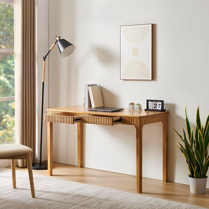 Solid Wood Desk with Drawers, Light Wood Desk for Small Spaces, Small Writing Desk for Bedroom, Gaming Study Home Office Wooden Desks for Work, 39 inch Wood Computer Desk