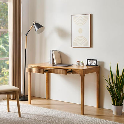 Solid Wood Desk with Drawers, Light Wood Desk for Small Spaces, Small Writing Desk for Bedroom, Gaming Study Home Office Wooden Desks for Work, 39 inch Wood Computer Desk