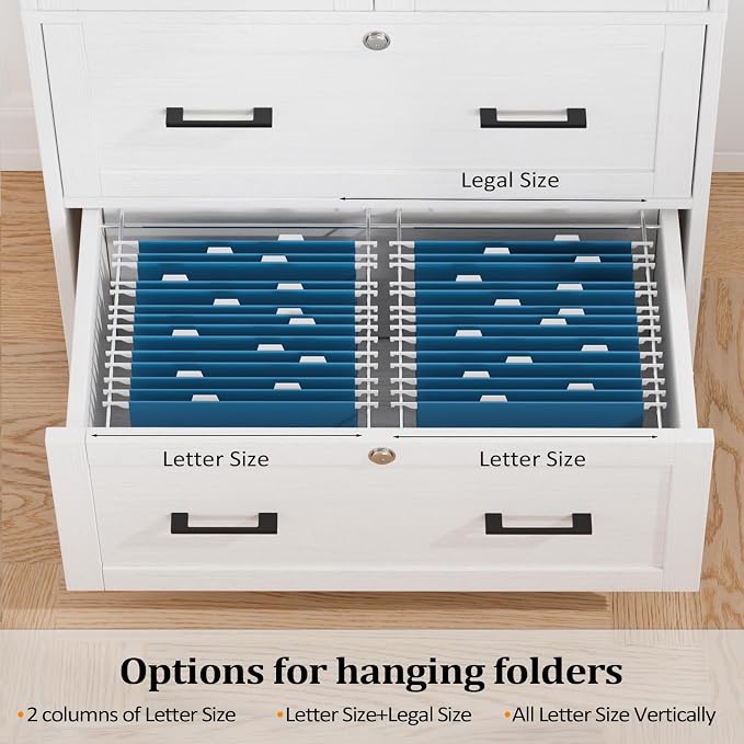 VINGLI Lateral File Cabinet with Glass Doors and 2 Locking Drawers for Hanging File Folders, Bookshelf with Adjustable Shelves for Home Office (White, 30''W x 16''D x 70''H)