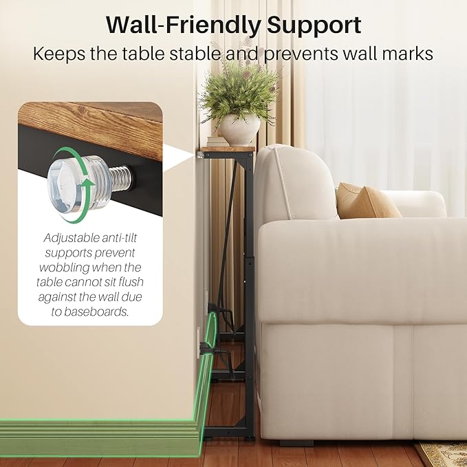 Kitstorack Behind Couch Table, Adjustable Height Narrow Console Table with 2 Power Strips, Split Design for Separate Wall Use, Anti-Scratch Tip, Rustic Brown for Living Room (70.8" Long)