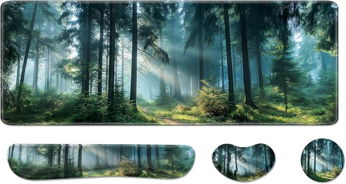Desk Pad and Keyboard Wrist Rest, Large Mouse Pad + Keyboard Pad+Mouse Wrist Support, Non-Slip Desk Mat Protector for Office, Home 31.5×11.8 Inches Forest