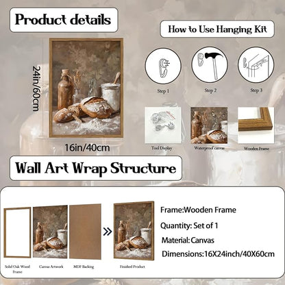 Framed Vintage Kitchen Wall Art, Rustic Bread and Flour Pictures Wall Decor Paintings, Farmhouse Food Poster Canvas Prints Country Home Decor for Dining Room Living Room Bakery 16x24 inch