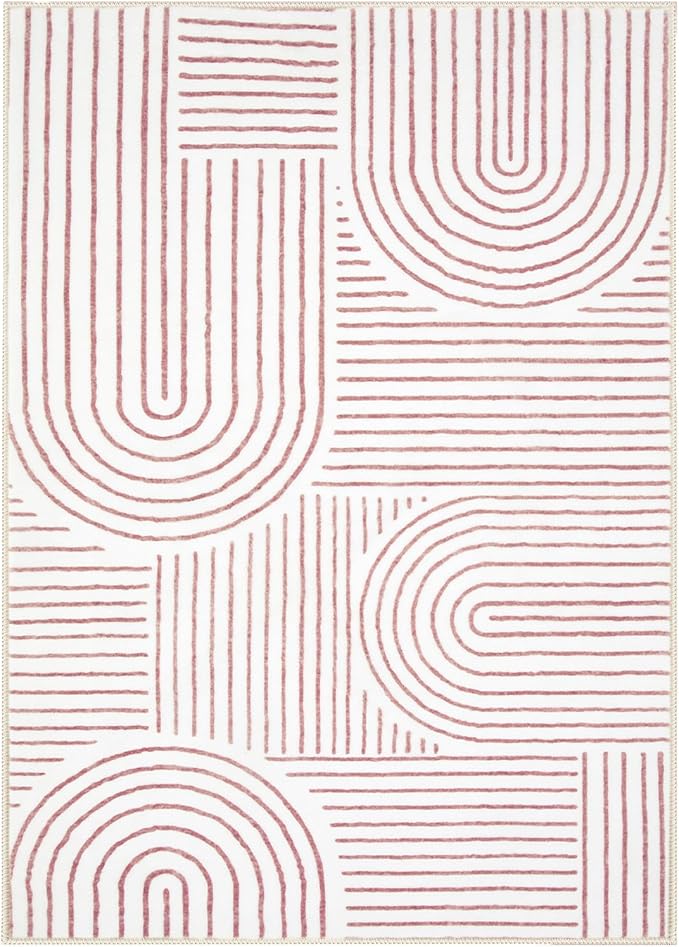 Lahome Abstract Washable Rugs, 4x6 Pink Rug for Bedroom Nursery Soft Non Slip Modern Living Room Rug, Ultra-Thin Non-Shedding Throw Carpet for Entryway Kitchen Office Darrell (4'x6',Pink/White)