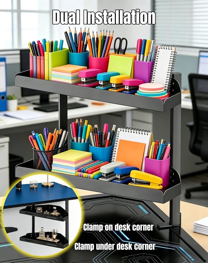 Yuxh Desk Clamp Corner Shelf 16 Inch, Black | Space-saving, clip on or under corner shelf for panel tabletop, office, study room & gaming setup, easy drill-free assembly