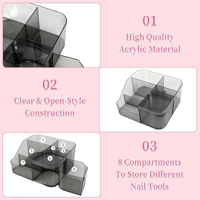 BQAN Transparent Acrylic Nail Desk Organizer with Spinning Drawer, Drill & Brush Holder, Desktop Manicure Tool Storage for Nail Techs, Makeup, Skin Care (Black) - Professional Salon or Home Use