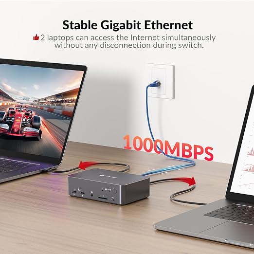 AV Access KVM Switch Dock 2 Monitors 2 Laptops, 4K KVM Switch Dual HDMI Monitor, 2 USB-C MST Ports, 60W PD for Each PC, 1G Ethernet, EDID Emulation, 2K@144Hz,1080P@240Hz,Ideal for Home Office
