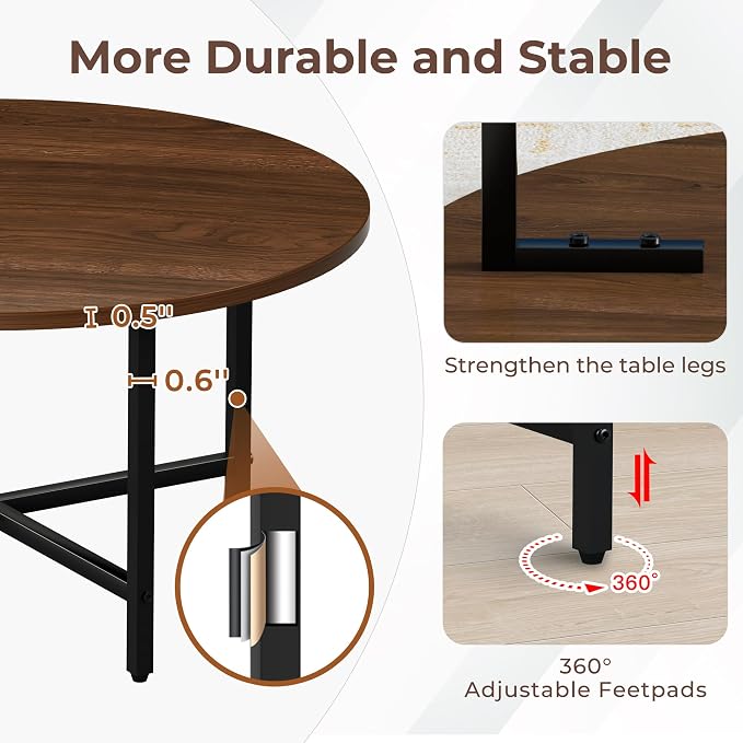 FAMIDGE Coffee Table, 23.6" Coffee Tables for Living Room, Round Coffee Table with Metal Frame, Floor Table for Sitting on The Floor, Home, Office, Dark Walnut