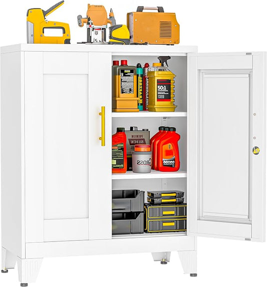 36 Inch Locking Storage Cabinet, 13.8" D x 27.6" W x 35.4" H, Metal Cabinet with 2 Adjustable Shelves, Heavy-Duty Steel Garage Storage Cabinet for Home, Office, Basement, White