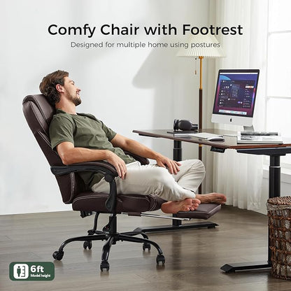 amseatec Big and Tall Office Chair with Footrest, Ergonomic Leather High Back Computer Chair Infinite Lock Reclining 90°-135°,20 Spring Packs,300lbs Executive Desk Chair for Home Office（Brown）