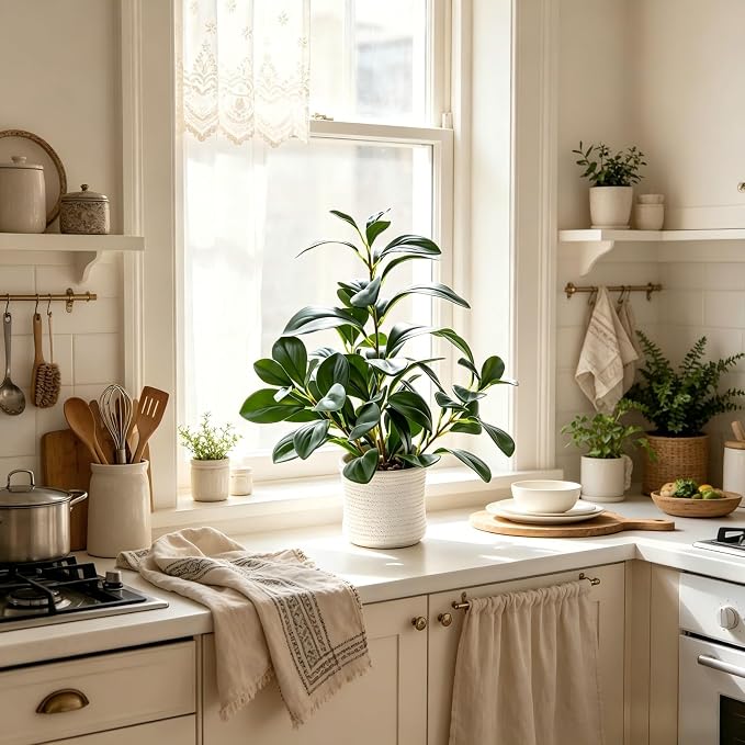 AlphaAcc 16 inch Artificial Indoor Plants Office Desk Faux Plant Peperomia Leaf Ficus Plant Realistic Small Fake Farmhouse Plants for Home Kitchen Bathroom Bedroom Evergreen Decor
