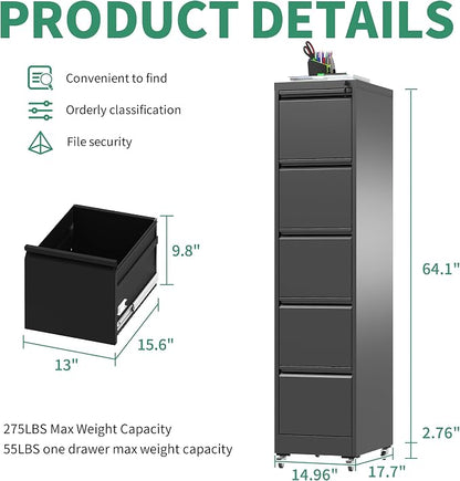 5 Drawer Mobile File Cabinet, Under Desk File Cabinet,Metal Filing Cabinets with Lock for Home Office Organizer Letter/Legal/A4,Require Assembly (Black)