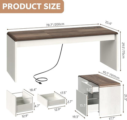 Mid-Century Modern 78" L-Shaped Executive Desk with Independent Mobile File Cabinet, Large Home Office Desk with Drawers and 4 AC + 2 USB Power Outlets, Waterfall Edge Design, White & Walnut