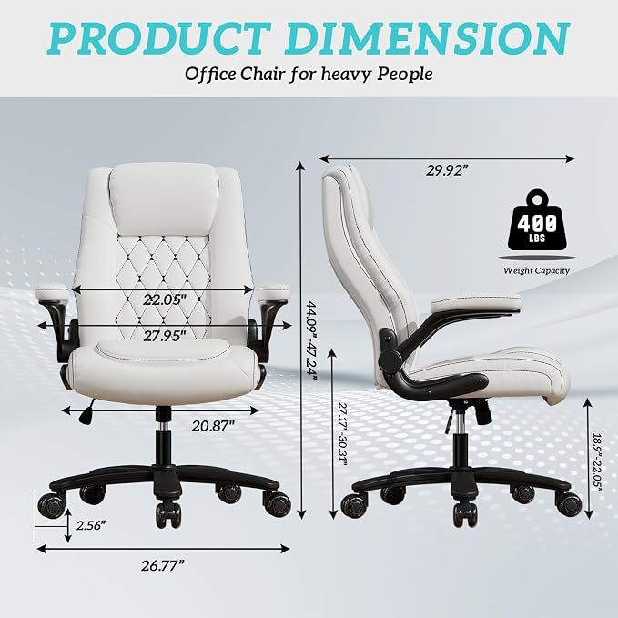 GYI High Back Executive Office Desk Chair, Leather Computer Chair, White | 2.6"Rubber Wheels, Flip-up Arms, Heavy Duty Base, Thick Padded Seat, Lumbar Support, Home, Conference Rooms, Reception Areas