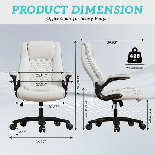 GYI High Back Executive Office Desk Chair, Leather Computer Chair, White | 2.6"Rubber Wheels, Flip-up Arms, Heavy Duty Base, Thick Padded Seat, Lumbar Support, Home, Conference Rooms, Reception Areas