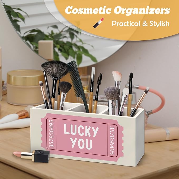 Pink Inspirational Pen Holder Organizer for Desk Accessories, Inspirational Gifts for Women, Retro Trendy Lucky You Motivational Wooden Box Sign Desk Decorations for Girls Office Room Decor