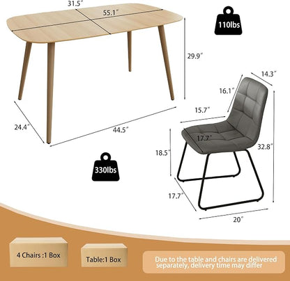 HIPIHOM 55.1'' Natural Wood Dining Table Set for 4 with Leather Chairs - Easy Assembly 4-Piece Kitchen Table and Chair Set, Scratch-Resistant Waterproof Surface (Modern Farmhouse Style)