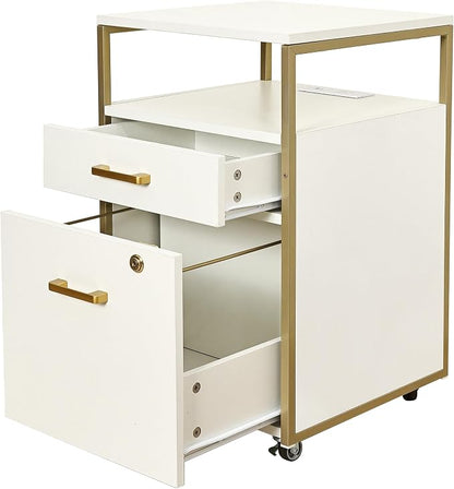 Modern 2-Drawer Rolling File Cabinet with Lock, 2 USB Ports and Power Outlet for Device Charging, Portable File Organizer or Printer Stand for Office or Home with Locking Wheels, White & Gold