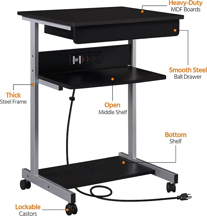 Topeakmart Mobile Laptop Desk Compact Computer Table on Wheels with Power Outlet and USB Ports, Home Office Writing Desk with Charging Station and Printer Shelf Small Desk 22in for Space Saving, Black