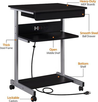 Topeakmart Mobile Laptop Desk Compact Computer Table on Wheels with Power Outlet and USB Ports, Home Office Writing Desk with Charging Station and Printer Shelf Small Desk 22in for Space Saving, Black