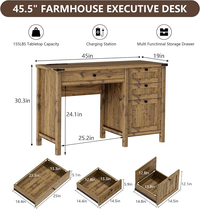 Small Farmhouse Executive Desk with Drawers, 45 Inch Vintage Computer Desk with Storage for Home Office, Bedroom & Study, Light Brown