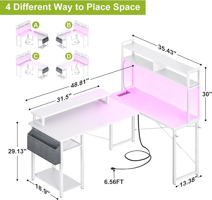 Besiost Small L Shaped Desk Gaming Desk with Power Outlets, 48" Reversible L Shaped LED Computer Desk with Monitor Stand & Storage Shelf, Corner Gamer Desk Home Office Desk with Storage Bag, White