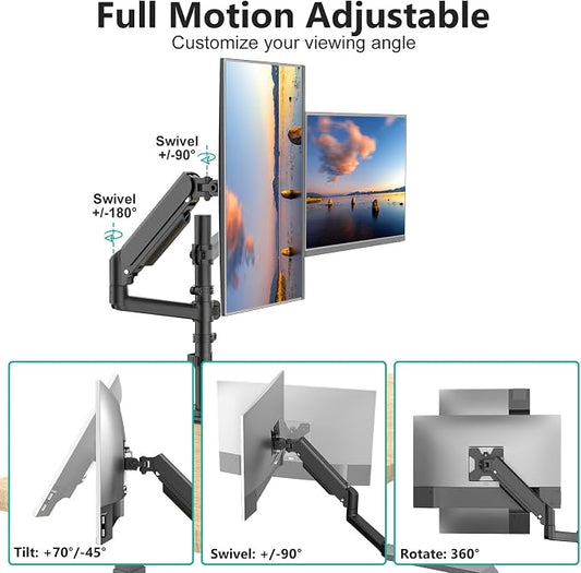 WALI Dual Monitor Mount, 13-33 Inch Adjustable Dual Monitor Arm for Desk Holds Max 19.8 lbs Screens, Swivel Vesa Bracket with C Clamp, Grommet Mounting, Monitor Arms for 2 Monitors (GSDM002)