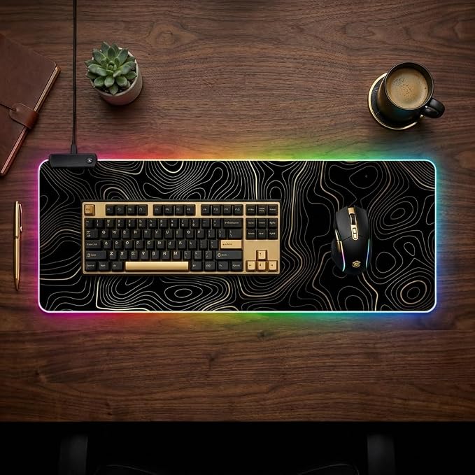 RGB Mouse Pad LED Desk Mat Large Gaming Mousepad Black and Gold Line Design, Keyboard Pad XL Mouse Mat for Home and Office (Black with Gold Topographic Line)