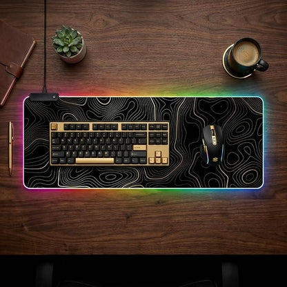 RGB Mouse Pad LED Desk Mat Large Gaming Mousepad Black and Gold Line Design, Keyboard Pad XL Mouse Mat for Home and Office (Black with Gold Topographic Line)