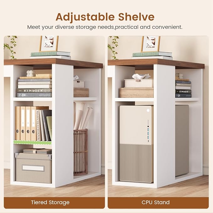 SEDETA 55.1" Farmhouse Office Desk with 3 Drawers, Executive Desk with File Drawer & Storage Shelves, Computer Desk with Power Outlet for Home Office, White and Brown
