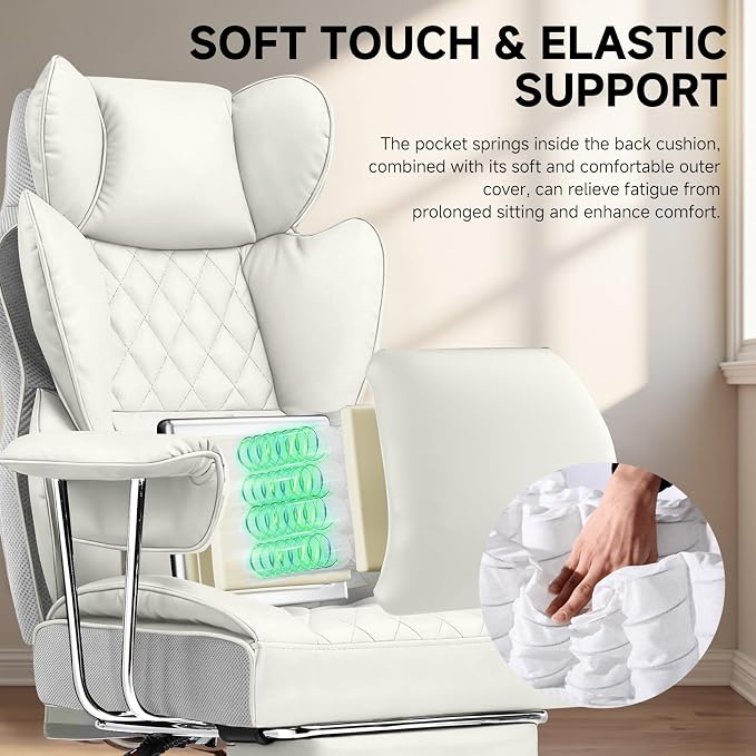 COMHOMA Big and Tall Office Chair, High Back Leather Gaming Chair with Footrest, Executive Ergonomic Office Chairs with Pocket Spring Lumbar Support and with Outward Fixed Soft Armrests